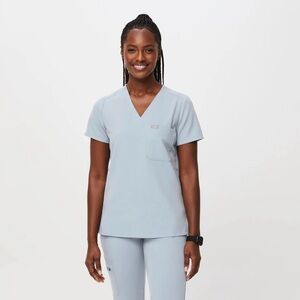 Figs Dusty Blue Catarina One Pocket Scrub Top and Zamora High Waist Scrub Pant S